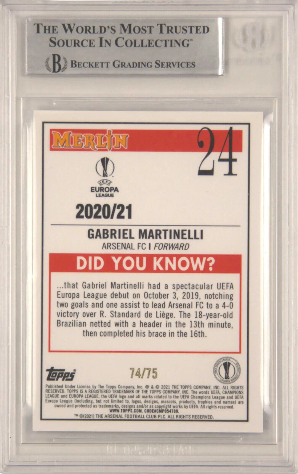 Gabriel Martinelli Signed 2020-21 Topps Merlin Chrome Rookie /75 – BGS Authentic